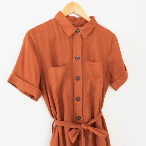 Magaschoni Linen Short Sleeve Midi Length Tie Waist Button Down Dress - Picture 3 of 7